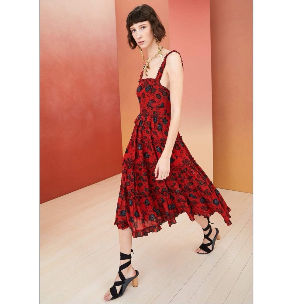 ULLA JOHNSON Adyna Ruffle Midi Dress (Poppy Floral)